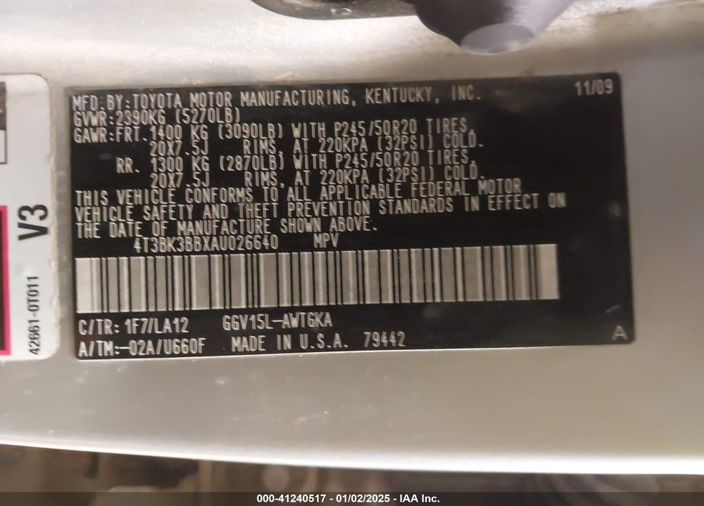 2010 TOYOTA VENZA BASE V6 VIN: 4T3BK3BBXAU026640