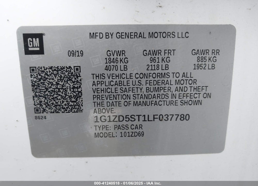 2020 CHEVROLET MALIBU FWD LT VIN: 1G1ZD5ST1LF037780