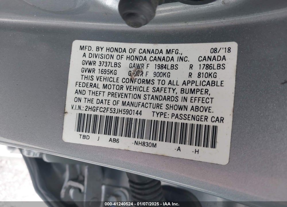 2018 HONDA CIVIC VIN: 2HGFC2F53JH590144