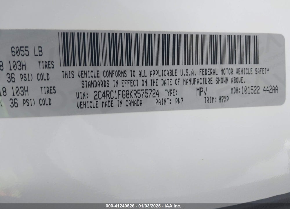 2019 CHRYSLER PACIFICA TOURING PLUS VIN: 2C4RC1FG8KR575724
