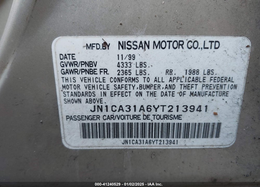 2000 NISSAN MAXIMA GLE/GXE/SE VIN: JN1CA31A6YT213941