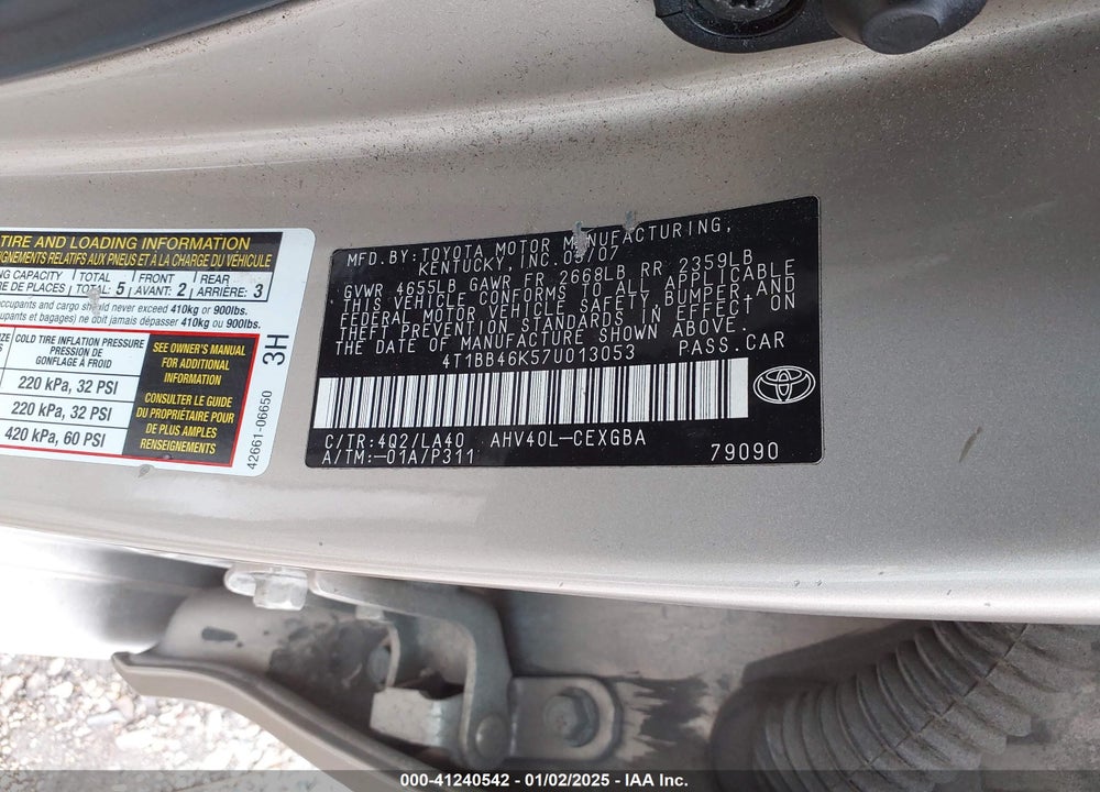 2007 TOYOTA CAMRY HYBRID VIN: 4T1BB46K57U013053