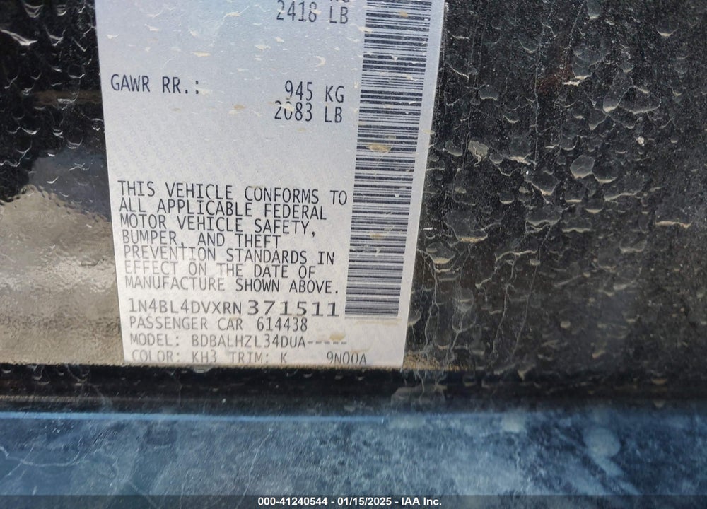 2024 NISSAN ALTIMA SV FWD VIN: 1N4BL4DVXRN371511