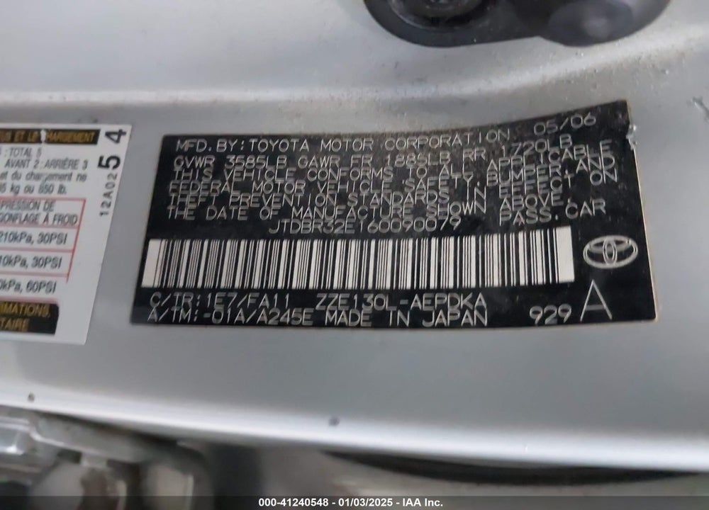 2006 TOYOTA COROLLA CE VIN: JTDBR32E160090079