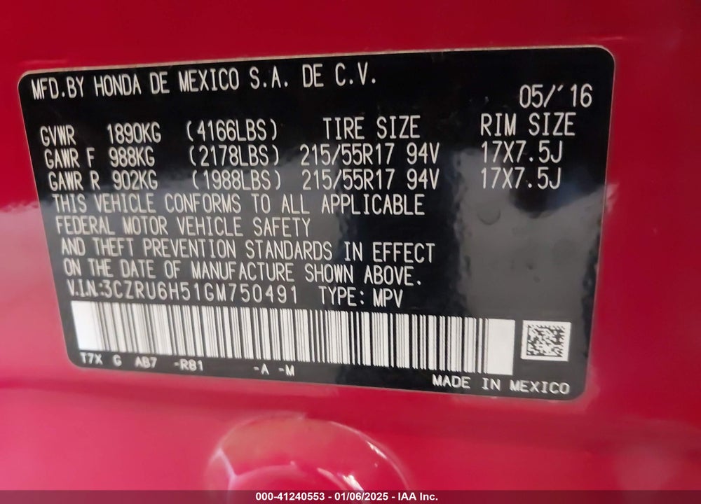 2016 HONDA HR-V EX VIN: 3CZRU6H51GM750491