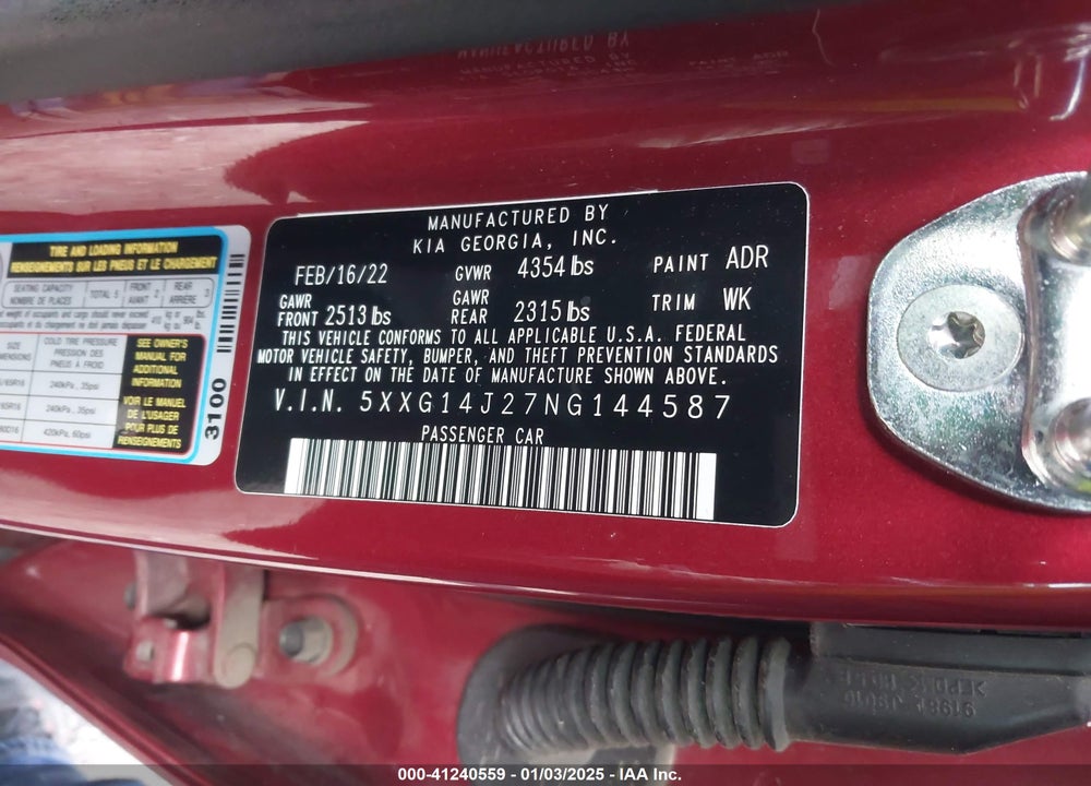 2022 KIA K5 VIN: 5XXG14J27NG144587