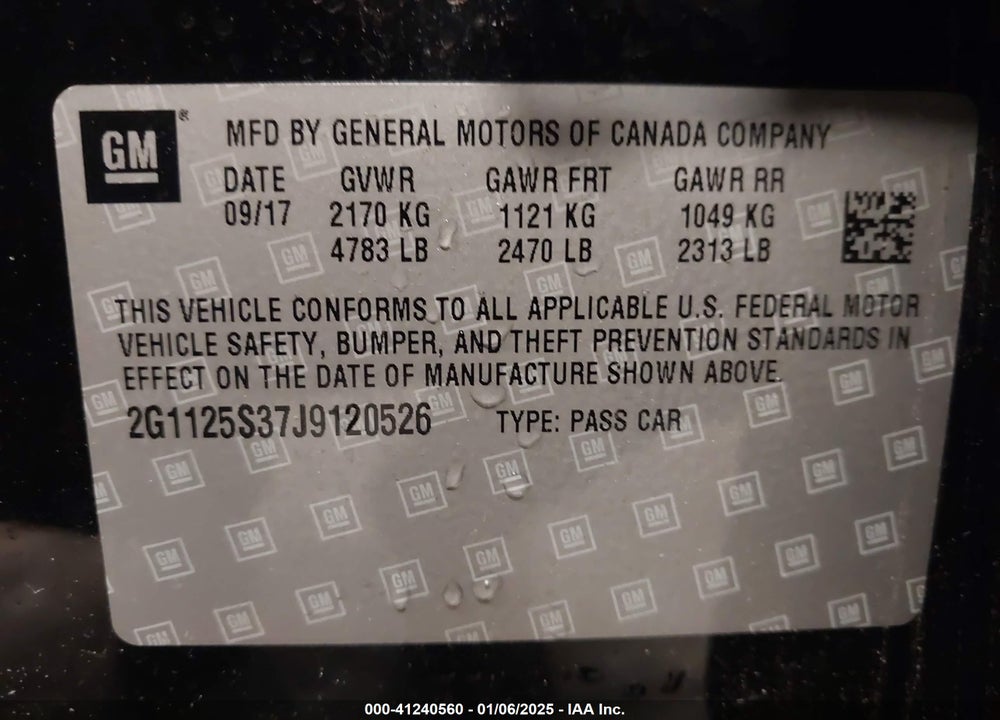 2018 CHEVROLET IMPALA VIN: 2G1125S37J9120526