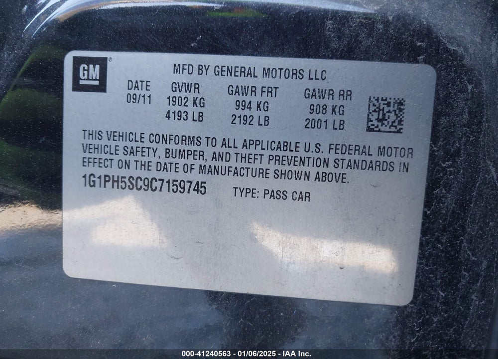 2012 CHEVROLET CRUZE VIN: 1G1PH5SC9C7159745