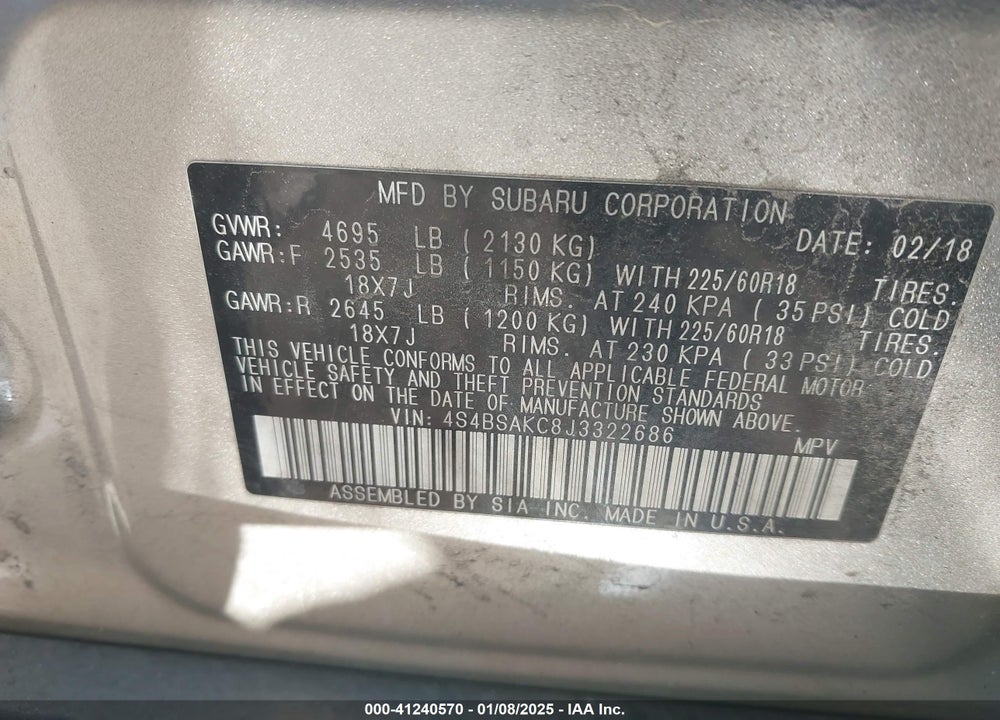 2018 SUBARU OUTBACK 2.5I LIMITED VIN: 4S4BSAKC8J3322686