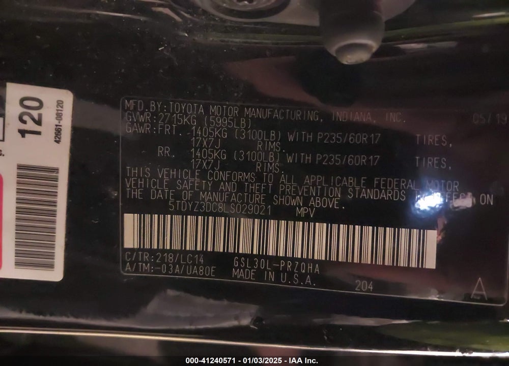 2020 TOYOTA SIENNA XLE VIN: 5TDYZ3DC8LS029021