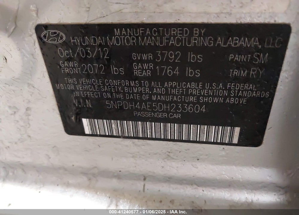 2013 HYUNDAI ELANTRA VIN: 5NPDH4AE5DH233604