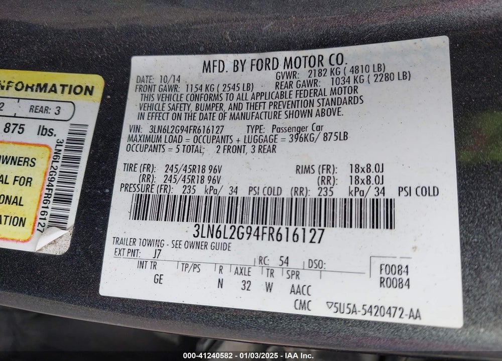 2015 LINCOLN MKZ VIN: 3LN6L2G94FR616127