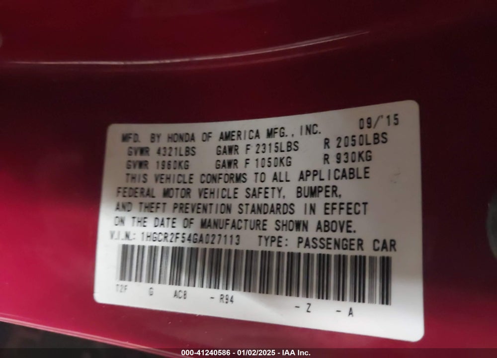 2016 HONDA ACCORD SPORT VIN: 1HGCR2F54GA027113