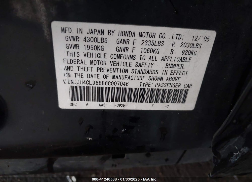 2006 ACURA TSX VIN: JH4CL96886C007046