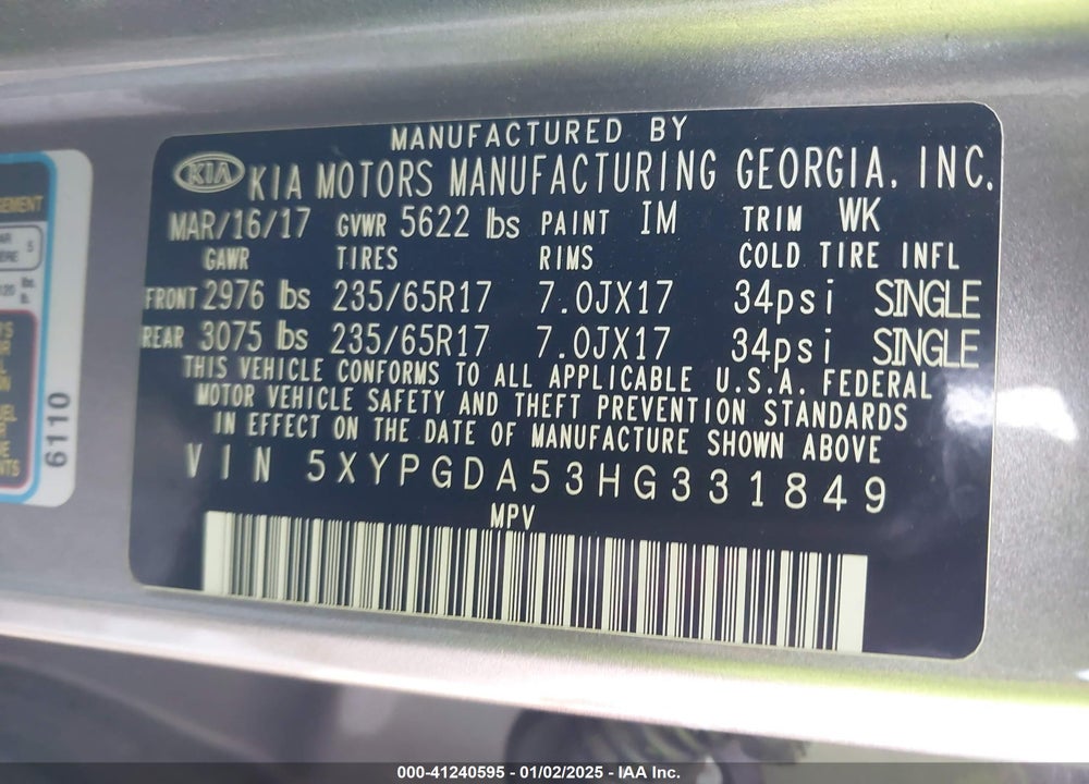 2017 KIA SORENTO 3.3L LX VIN: 5XYPGDA53HG331849
