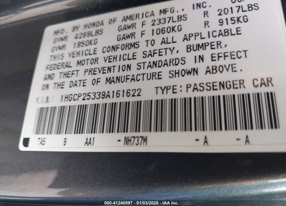 2009 HONDA ACCORD 2.4 LX VIN: 1HGCP25339A161622