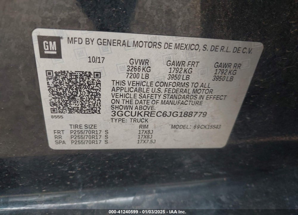 2018 CHEVROLET SILVERADO 1500 VIN: 3GCUKREC6JG188779