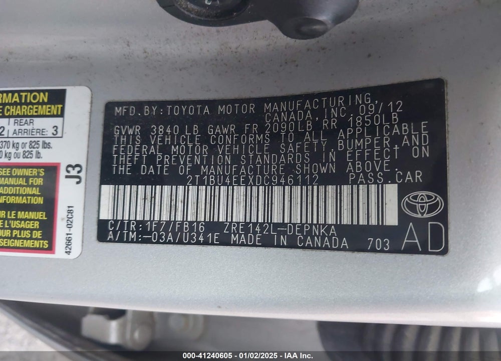 2013 TOYOTA COROLLA LE VIN: 2T1BU4EEXDC946112
