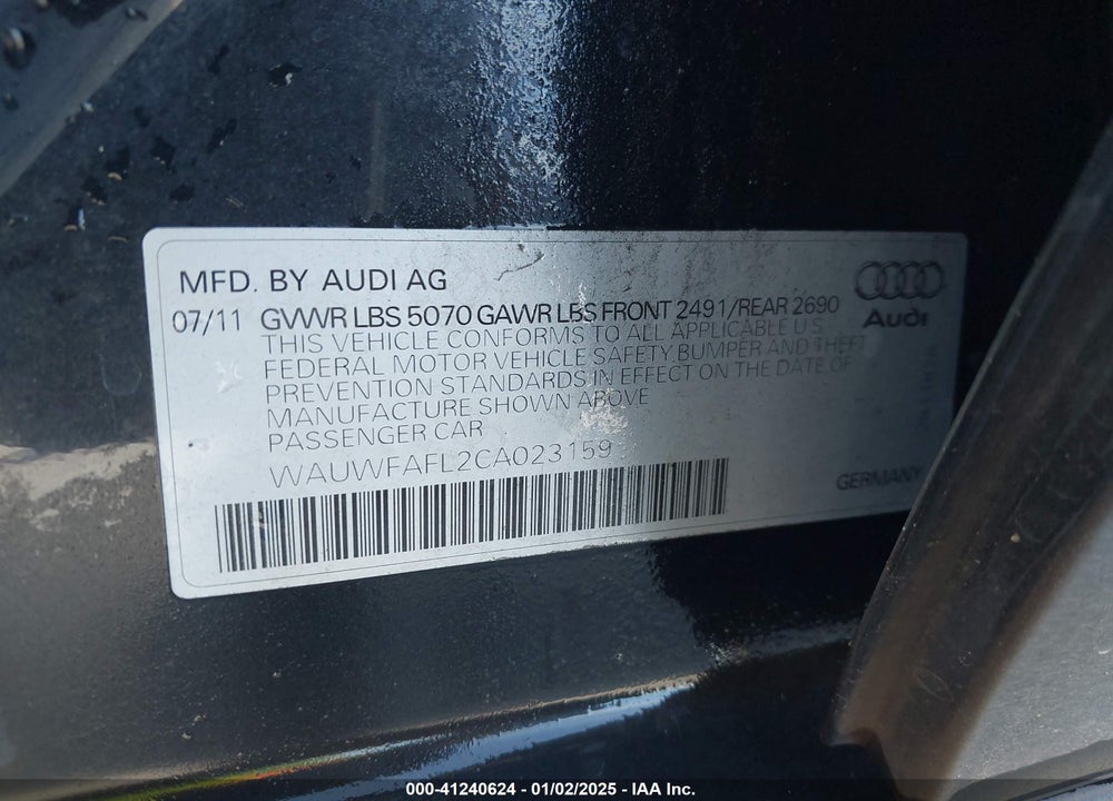 2012 AUDI A4 VIN: WAUWFAFL2CA023159