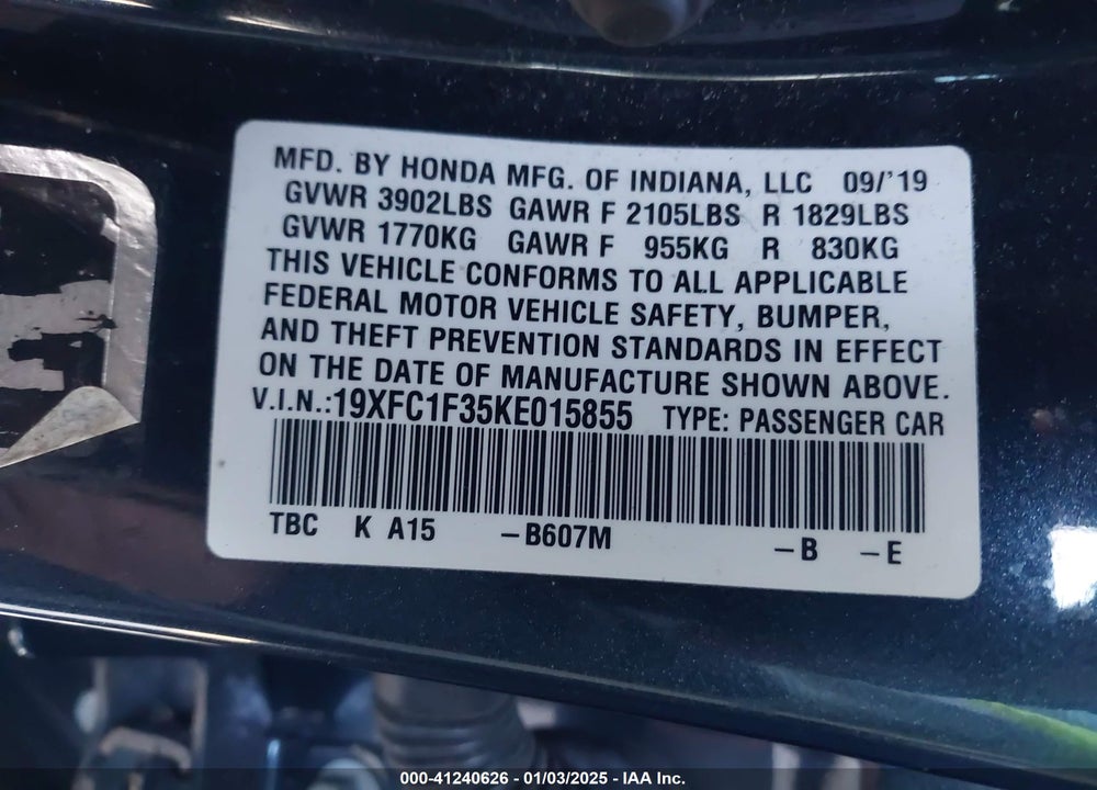 2019 HONDA CIVIC VIN: 19XFC1F35KE015855