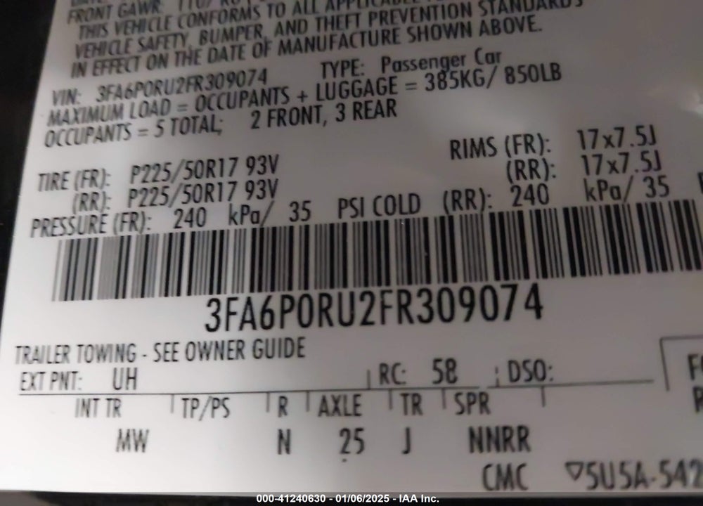 2015 FORD FUSION HYBRID VIN: 3FA6P0RU2FR309074