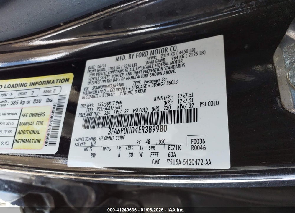 2014 FORD FUSION VIN: 3FA6P0HD4ER389980
