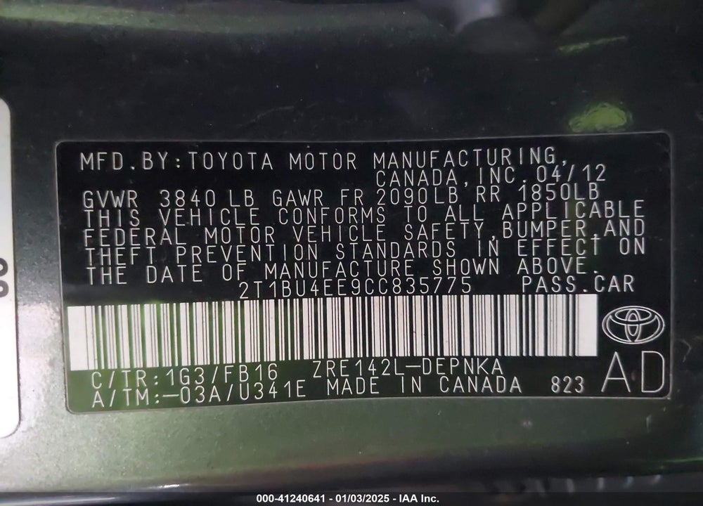 2012 TOYOTA COROLLA VIN: 2T1BU4EE9CC835775