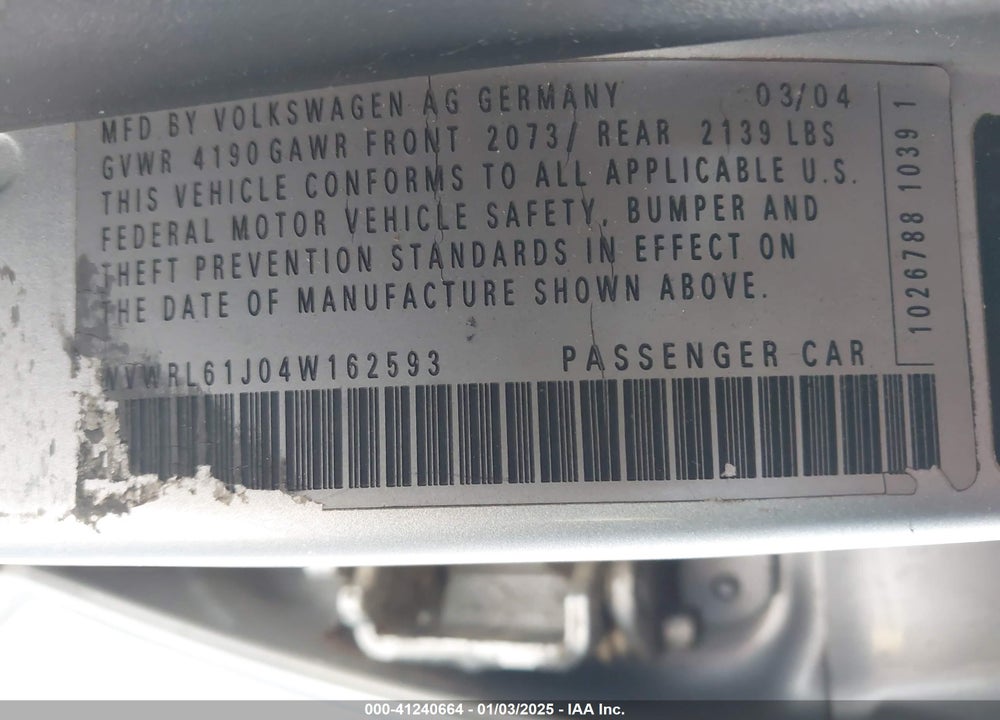 2004 VOLKSWAGEN JETTA GL VIN: WVWRL61J04W162593