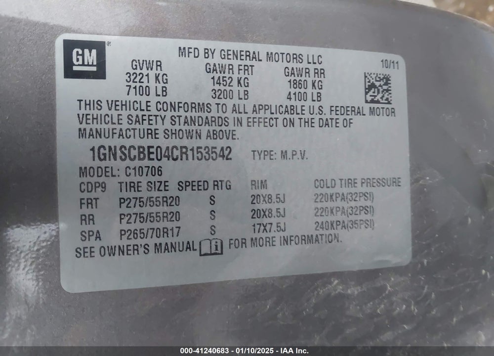 2012 CHEVROLET TAHOE LT VIN: 1GNSCBE04CR153542