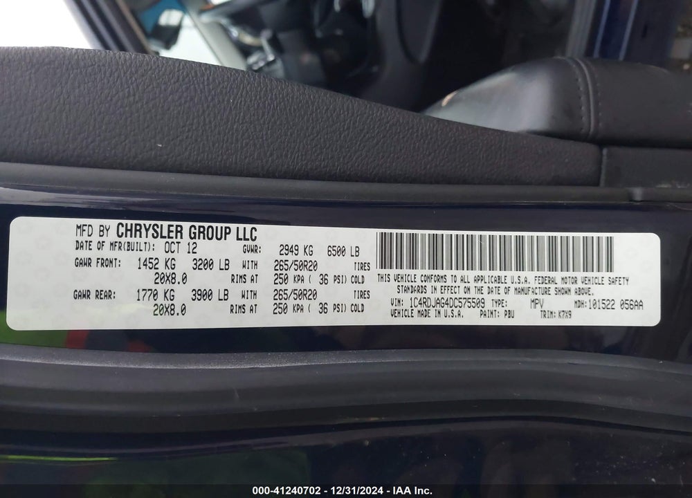 2013 DODGE DURANGO SXT VIN: 1C4RDJAG4DC575509