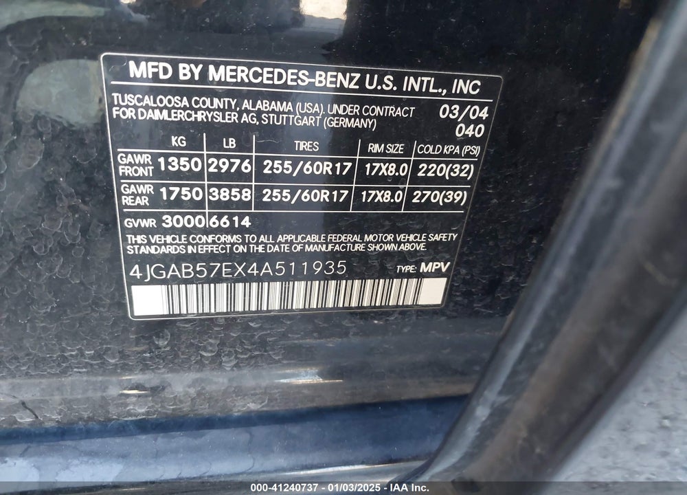 2004 MERCEDES-BENZ ML 350 4MATIC VIN: 4JGAB57EX4A511935