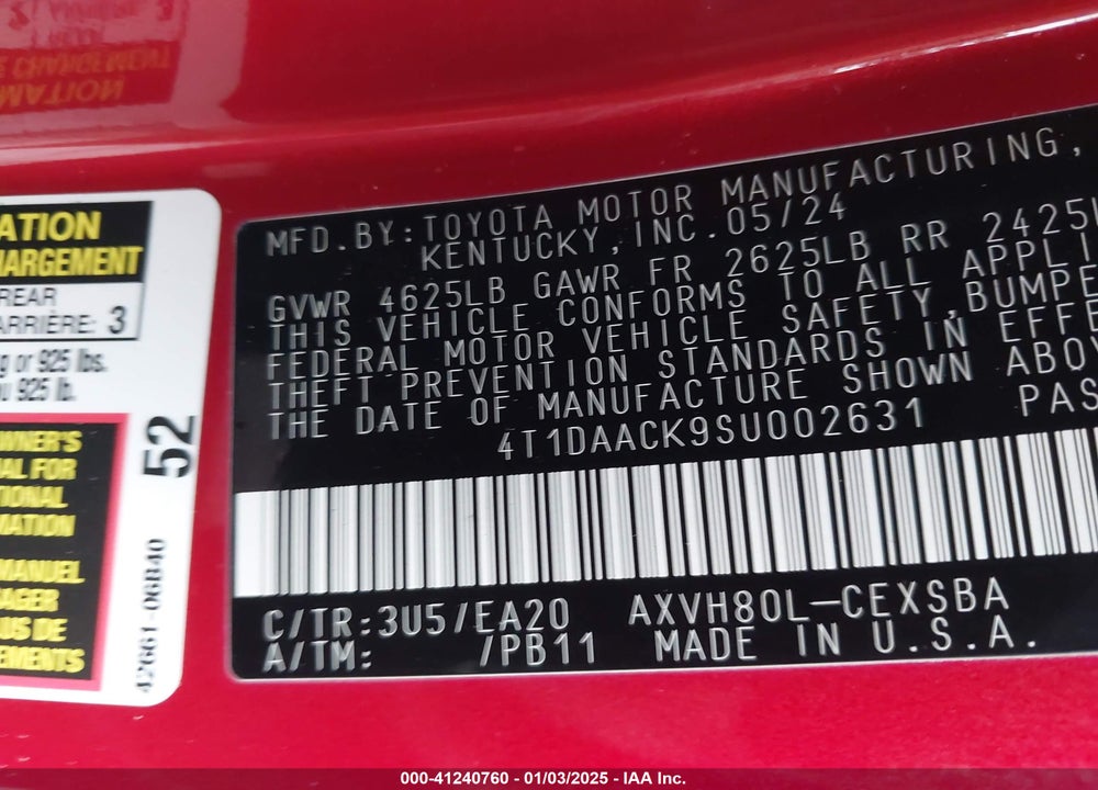 2025 TOYOTA CAMRY SE VIN: 4T1DAACK9SU002631