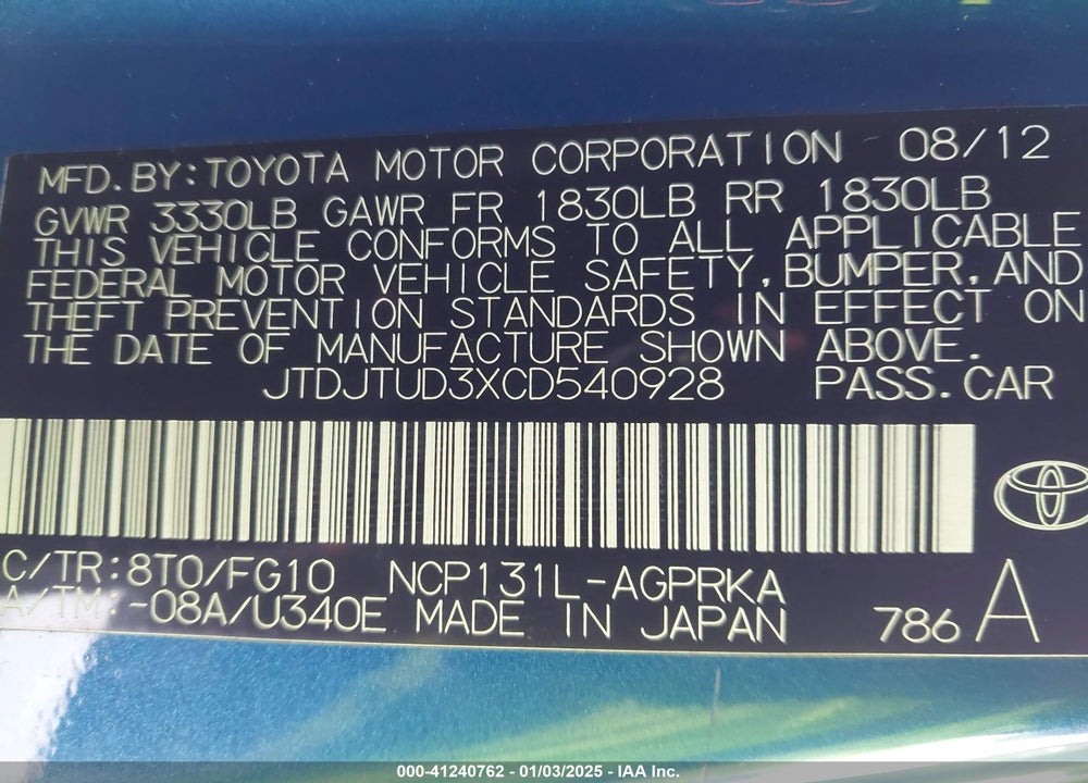 2012 TOYOTA YARIS LE VIN: JTDJTUD3XCD540928