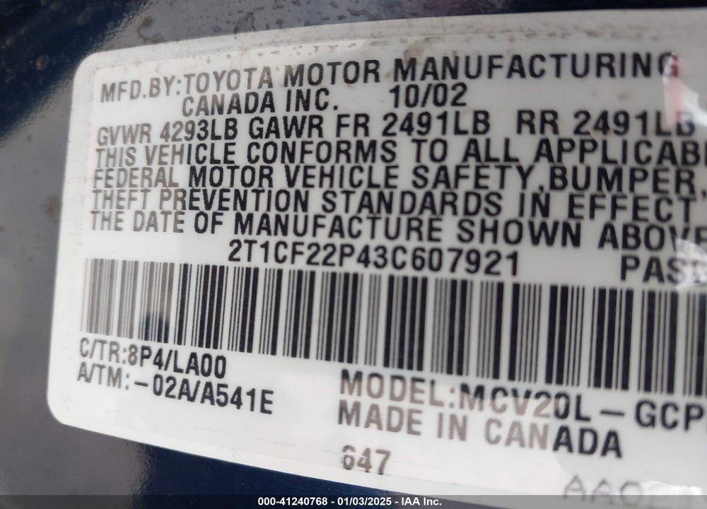2003 TOYOTA CAMRY SOLARA SLE V6 VIN: 2T1CF22P43C607921