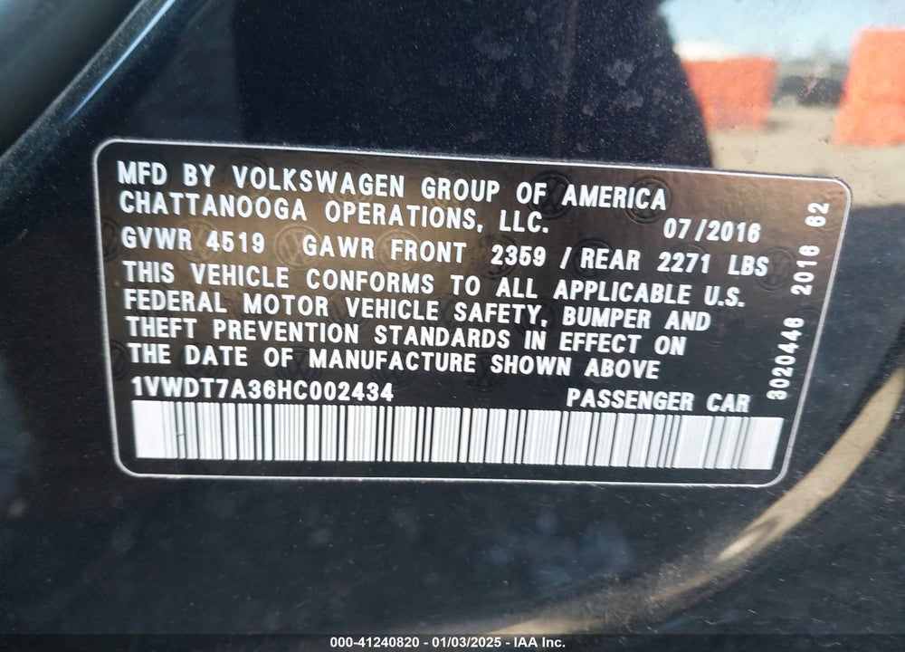 2017 VOLKSWAGEN PASSAT 1.8T R-LINE VIN: 1VWDT7A36HC002434