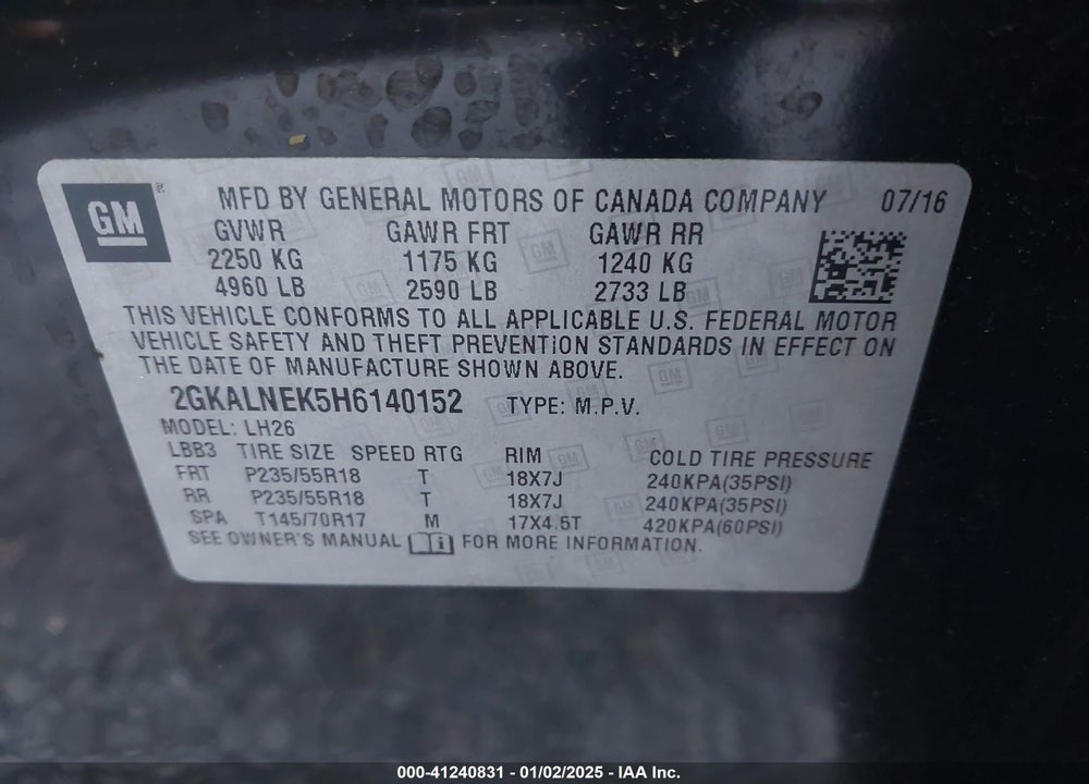 2017 GMC TERRAIN SLE-2 VIN: 2GKALNEK5H6140152