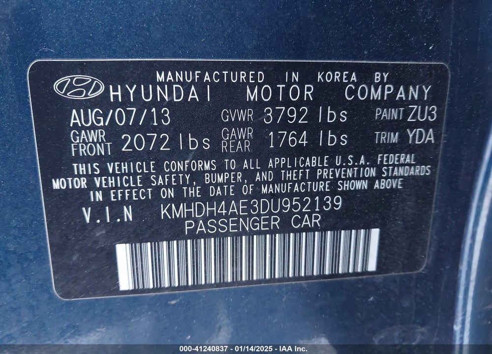2013 HYUNDAI ELANTRA VIN: KMHDH4AE3DU952139