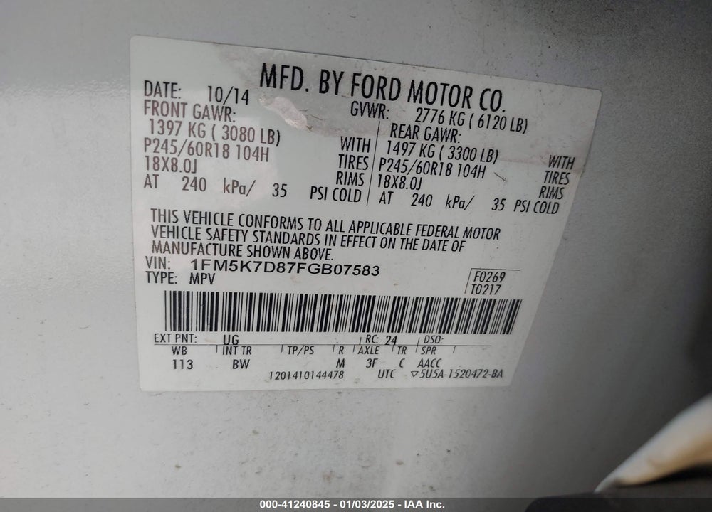 2015 FORD EXPLORER XLT VIN: 1FM5K7D87FGB07583
