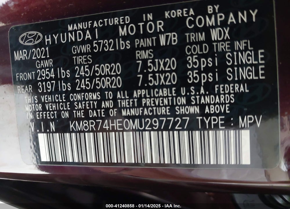 2021 HYUNDAI PALISADE CALLIGRAPHY VIN: KM8R74HE0MU297727