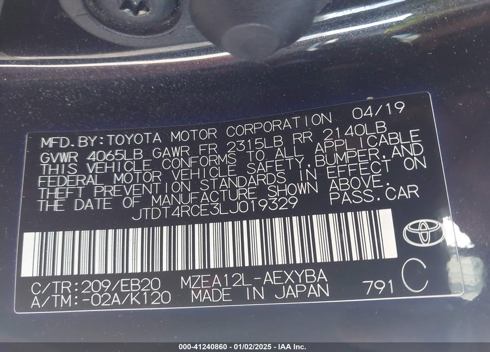 2020 TOYOTA COROLLA VIN: JTDT4RCE3LJ019329