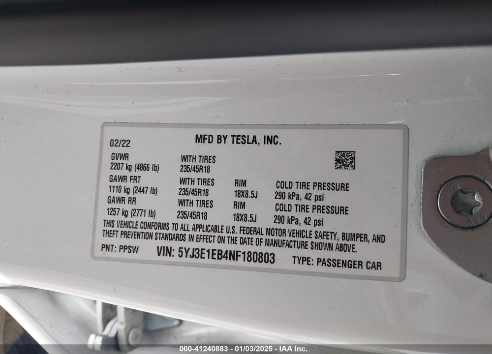 2022 TESLA MODEL 3 VIN: 5YJ3E1EB4NF180803