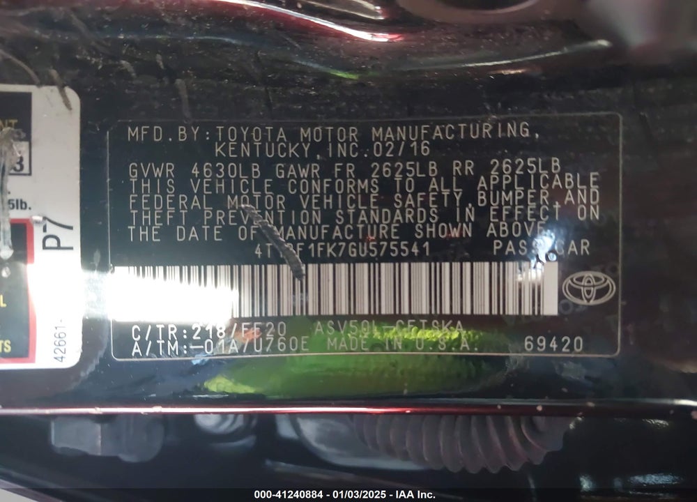 2016 TOYOTA CAMRY VIN: 4T1BF1FK7GU575541