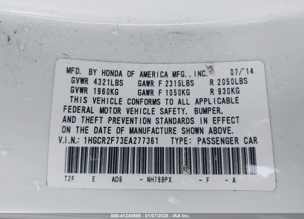 2014 HONDA ACCORD EX VIN: 1HGCR2F73EA277361