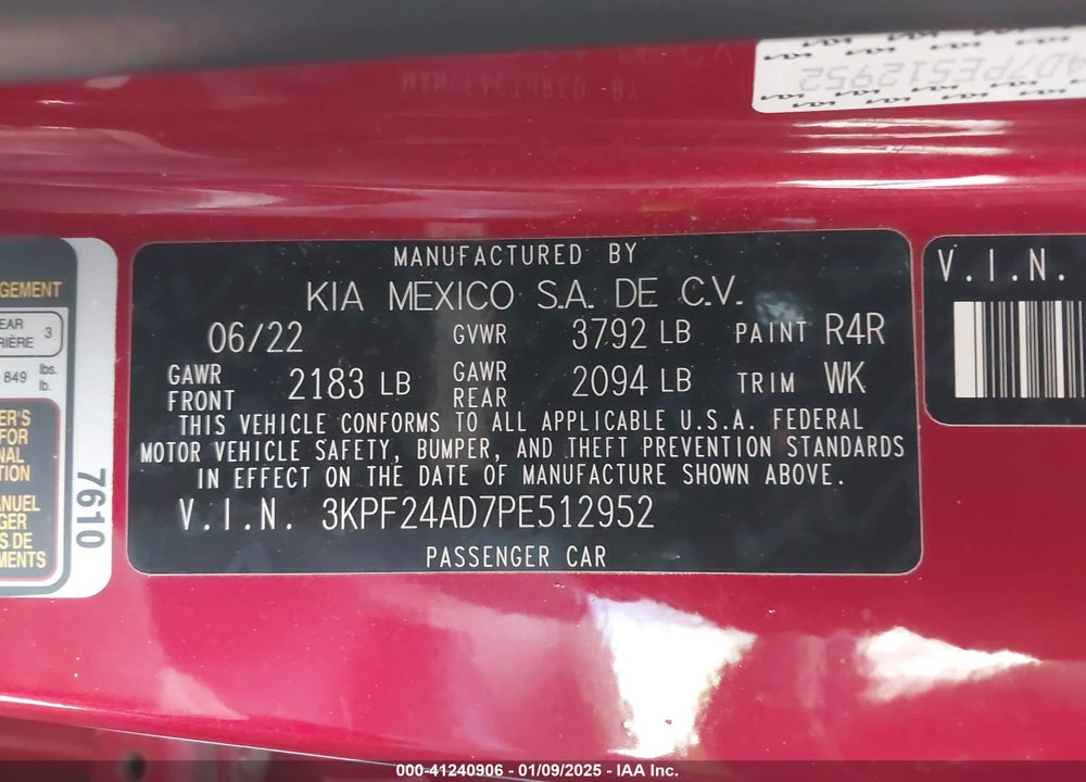 2023 KIA FORTE LXS VIN: 3KPF24AD7PE512952