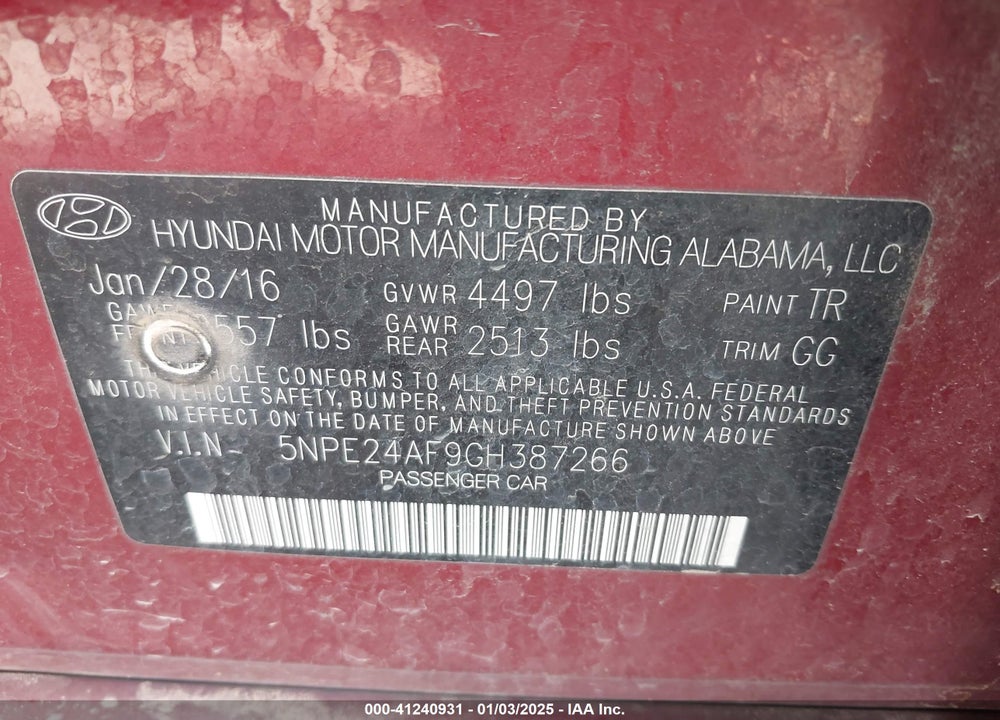 2016 HYUNDAI SONATA VIN: 5NPE24AF9GH387266