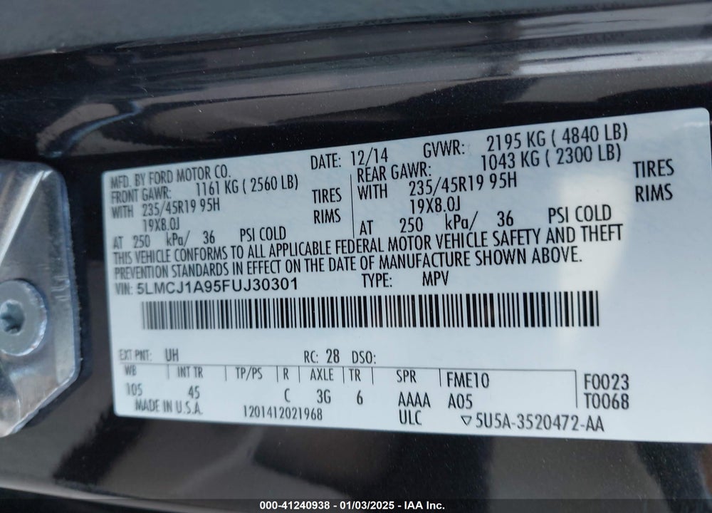 2015 LINCOLN MKC VIN: 5LMCJ1A95FUJ30301