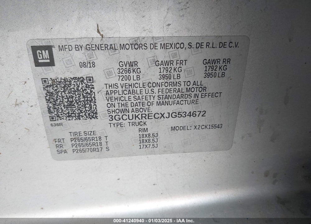 2018 CHEVROLET SILVERADO 1500 VIN: 3GCUKRECXJG534672