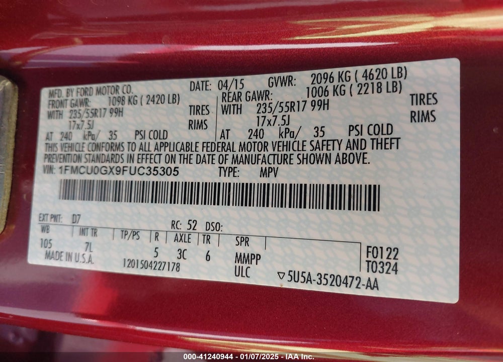 2015 FORD ESCAPE SE VIN: 1FMCU0GX9FUC35305