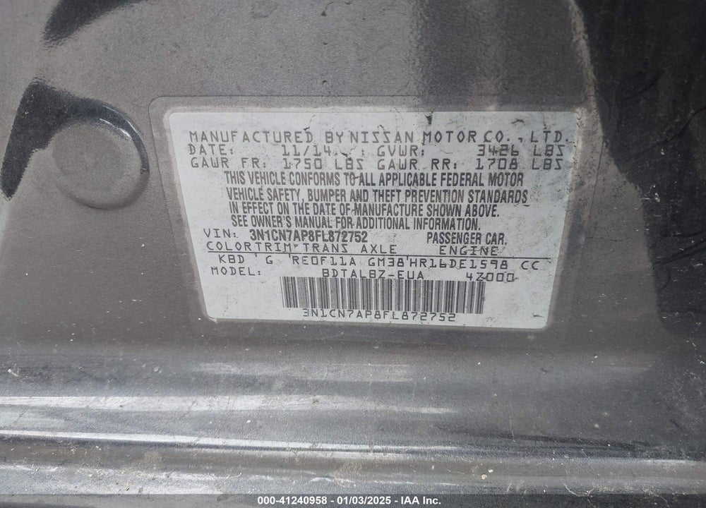 2015 NISSAN VERSA 1.6 SV VIN: 3N1CN7AP8FL872752