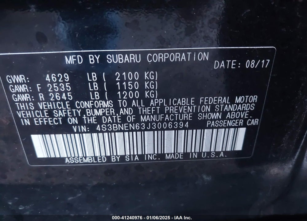 2018 SUBARU LEGACY 3.6R LIMITED VIN: 4S3BNEN63J3006394